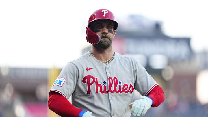 May 21, 2025; Denver, Colorado, USA; Philadelphia Phillies first base Bryce Harper (3) on deck in the first inning against the Colorado Rockies at Coors Field. Mandatory Credit: Ron Chenoy-Imagn Images