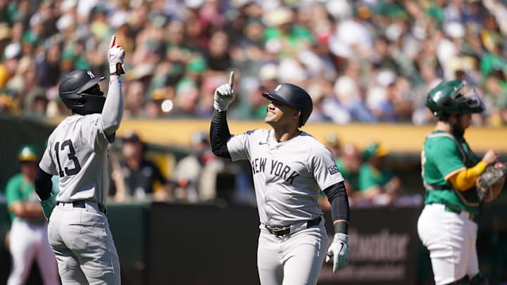 Sep 22, 2024; Oakland, California, USA; New York Yankees left fielder Jasson Dominguez (89) celebrates with third baseman Jazz Chisholm Jr. (13) after hitting a two-run home run against the Oakland Athletics in the second inning at the Oakland-Alameda County Coliseum. Sep 22, 2024; Oakland, California, USA; New York Yankees left fielder Jasson Dominguez (89) celebrates with third baseman Jazz Chisholm Jr. (13) after hitting a two-run home run against the Oakland Athletics in the second inning at the Oakland-Alameda County Coliseum.