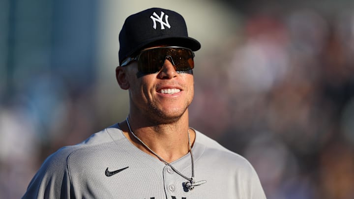 Apr 19, 2025; Tampa, Florida, USA; New York Yankees right fielder Aaron Judge (99) looks on against the Tampa Bay Rays in the eighth inning at George M. Steinbrenner Field. Mandatory Credit: Nathan Ray Seebeck-Imagn Images