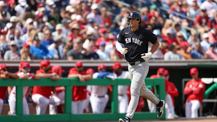 Mar 4, 2025; Clearwater, Florida, USA; New York Yankees outfielder Spencer Jones (78) runs the bases after hitting a three-run home run against the Philadelphia Phillies in the third inning during spring training at BayCare Ballpark. Mandatory Credit: Nathan Ray Seebeck-Imagn Images
