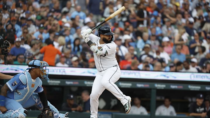Aug 23, 2025; Detroit, Michigan, USA; Detroit Tigers second baseman Gleyber Torres (25) looks on during an at bat in the fifth inning at Comerica Park. Mandatory Credit: Brian Bradshaw Sevald-Imagn Images