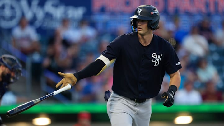 Scranton/Wilkes-Barre RailRiders outfielder Spencer Jones (48) is walked during the first inning of Game 2 of an MiLB International League Championship Series at VyStar Ballpark Wednesday, Sept. 24, 2025 in Jacksonville, Fla. The Jacksonville Jumbo Shrimp defeated the Scranton/Wilkes-Barre RailRiders 6-4 and force a Game 3 Thursday evening for the title championship.