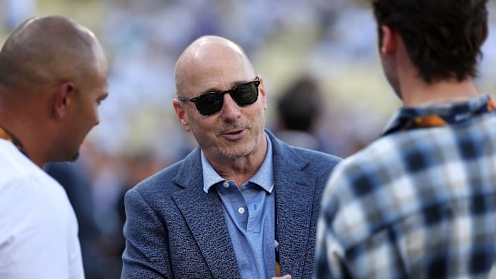 Oct 26, 2024; Los Angeles, California, USA; New York Yankees general manger Brian Cashman before game two of the 2024 MLB World Series at Dodger Stadium. Mandatory Credit: Kiyoshi Mio-Imagn Images