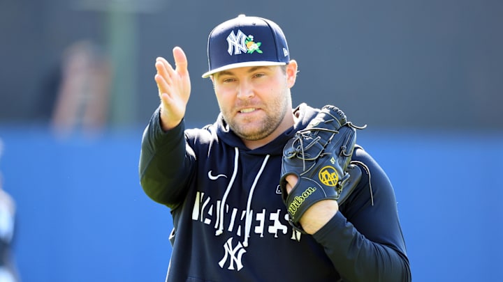Feb 13, 2026; Tampa, FL, USA;  New York Yankees pitcher David Bednar (53) works out during spring training practices at George M. Steinbrenner Field. Mandatory Credit: Kim Klement Neitzel-Imagn Images