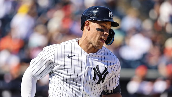 Feb 21, 2026; Tampa, Florida, USA; New York Yankees outfielder Aaron Judge (99) hits a home run against the Detroit Tigers during the third inning in a Spring Training game at George M. Steinbrenner Field. Mandatory Credit: Morgan Tencza-Imagn Images Feb 21, 2026; Tampa, Florida, USA; New York Yankees outfielder Aaron Judge (99) hits a home run against the Detroit Tigers during the third inning in a Spring Training game at George M. Steinbrenner Field. Mandatory Credit: Morgan Tencza-Imagn Images