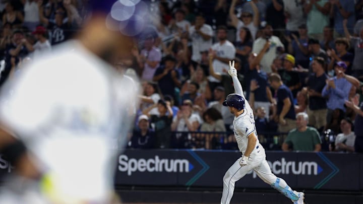 Tampa Bay Rays' Brandon Lowe (8) runs the bases after hitting a two run home run against the Baltimore Orioles Nathan Ray Seebeck-Imagn Images