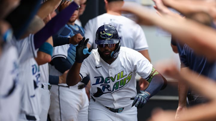 Tampa Bay Rays third baseman Junior Caminero (13) celebrates after hitting a home run against the Detroit Tigers in the fourth inning at George M. Steinbrenner Field. Nathan Ray Seebeck-Imagn Images