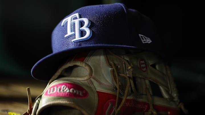 Apr 3, 2023; Washington, District of Columbia, USA; A general view of a Tampa Bay Rays hat and glove during the seventh inning of the game against the Washington Nationals at Nationals Park. 