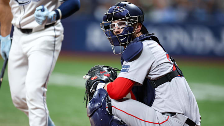 Sep 19, 2024; St. Petersburg, Florida, USA; Boston Red Sox catcher Danny Jansen (28) looks on against the Tampa Bay Rays in the fourth inning at Tropicana Field. Mandatory Credit: Nathan Ray Seebeck-Imagn Images