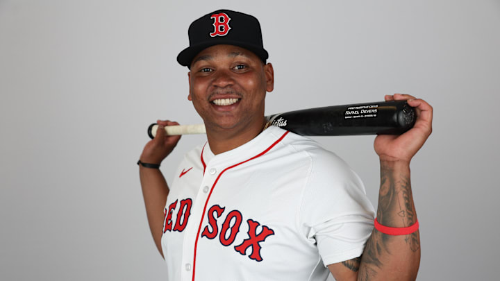 Feb 18, 2025; Lee County, FL, USA; Boston Red Sox third baseman Rafael Devers (11) participates in media day at JetBlue Park at Fenway South. Mandatory Credit: Nathan Ray Seebeck-Imagn Images