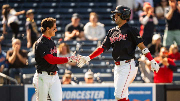 WooSox player Roman Anthony (left) high fives teammate Marcelo Mayer during a Triple-A game at Polar Park on April 23, 2025. WooSox player Roman Anthony (left) high fives teammate Marcelo Mayer during a Triple-A game at Polar Park on April 23, 2025.