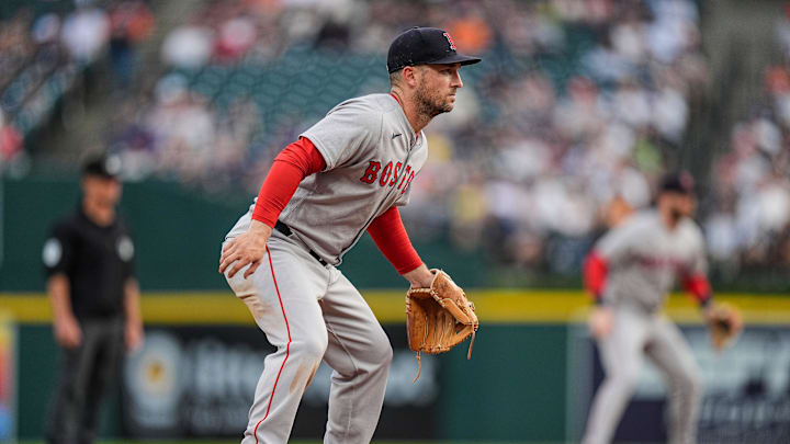 Boston Red Sox third baseman Alex Bregman (2) looks on during the fourh inning against Detroit Tigers at Comerica Park in Detroit on Wednesday, May 14, 2025.