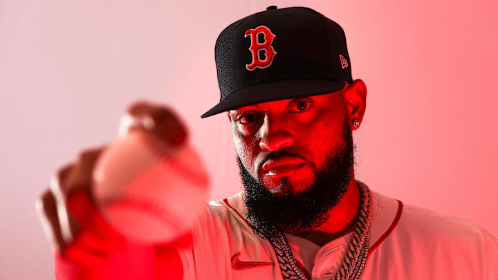 Feb 18, 2025; Lee County, FL, USA; Boston Red Sox pitcher Luis Guerrero (99) participates in media day at JetBlue Park at Fenway South. Mandatory Credit: Nathan Ray Seebeck-Imagn Images