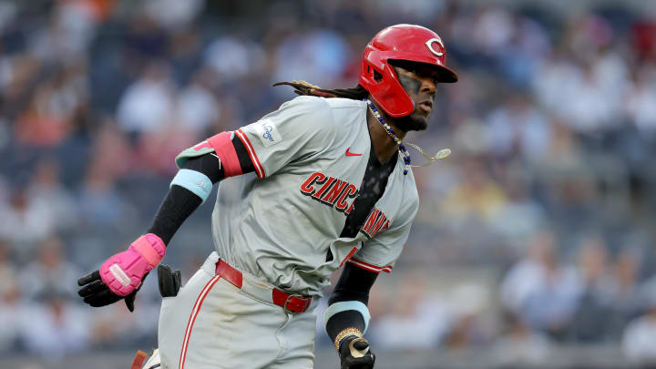 Jul 2, 2024; Bronx, New York, USA; Cincinnati Reds shortstop Elly De La Cruz (44) runs out a triple against the New York Yankees during the fourth inning at Yankee Stadium. Mandatory Credit: Brad Penner-USA TODAY Sports