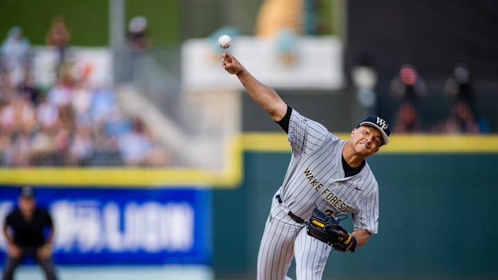 May 24, 2024; Charlotte, NC, USA; Wake Forest pitcher Chase Burns (29) starts against the North Carolina Tar Heels during the ACC Baseball Tournament at Truist Field. Mandatory Credit: Scott Kinser-Imagn Images