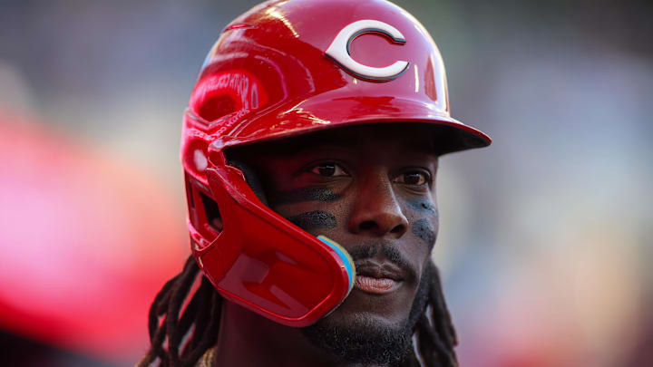May 5, 2025; Atlanta, Georgia, USA; Cincinnati Reds shortstop Elly De La Cruz (44) in the dugout before a game against the Atlanta Braves at Truist Park. Mandatory Credit: Brett Davis-Imagn Images