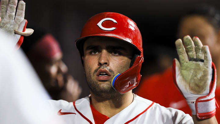 Mar 31, 2026; Cincinnati, Ohio, USA; Cincinnati Reds first baseman Sal Stewart (27) high fives teammates after hitting a solo home run in the eighth inning against the Pittsburgh Pirates at Great American Ball Park. Mandatory Credit: Katie Stratman-Imagn Images Mar 31, 2026; Cincinnati, Ohio, USA; Cincinnati Reds first baseman Sal Stewart (27) high fives teammates after hitting a solo home run in the eighth inning against the Pittsburgh Pirates at Great American Ball Park. Mandatory Credit: Katie Stratman-Imagn Images