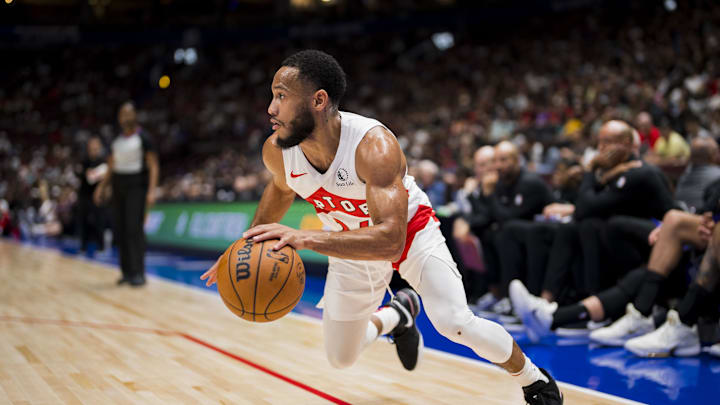 Oct 8, 2023; Vancouver, British Columbia, CAN; Toronto Raptors guard Markquis Nowell (24) drives against the Sacramento Kings in the second half at Rogers Arena. Raptors won 112-99. Mandatory Credit: Bob Frid-Imagn Images