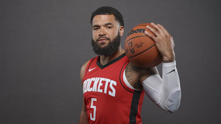 Sep 30, 2024; Houston, TX, USA; Houston Rockets guard Fred VanVleet (5) during Houston Rockets media day. Mandatory Credit: Troy Taormina-Imagn Images
