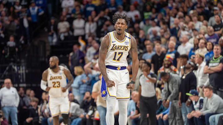 Apr 27, 2025; Minneapolis, Minnesota, USA; Los Angeles Lakers forward Dorian Finney-Smith (17) celebrates after scoring a three pointer agains the Minnesota Timberwolves in the fourth quarter during game four of first round for the 2025 NBA Playoffs at Target Center. Mandatory Credit: Matt Blewett-Imagn Images Apr 27, 2025; Minneapolis, Minnesota, USA; Los Angeles Lakers forward Dorian Finney-Smith (17) celebrates after scoring a three pointer agains the Minnesota Timberwolves in the fourth quarter during game four of first round for the 2025 NBA Playoffs at Target Center. Mandatory Credit: Matt Blewett-Imagn Images