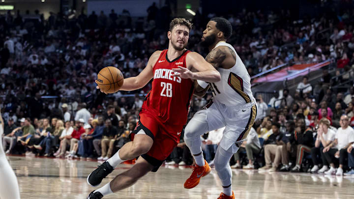 Oct 14, 2025; Birmingham, Alabama, USA; Houston Rockets center Alperen Sengun (28) challenges New Orleans Pelicans guard-forward Saddiq Bey (41) during the second half of an NBA preseason game at Legacy Arena at BJCC. Mandatory Credit: Vasha Hunt-Imagn Images Oct 14, 2025; Birmingham, Alabama, USA; Houston Rockets center Alperen Sengun (28) challenges New Orleans Pelicans guard-forward Saddiq Bey (41) during the second half of an NBA preseason game at Legacy Arena at BJCC. Mandatory Credit: Vasha Hunt-Imagn Images