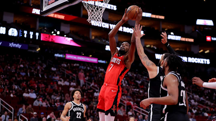 Oct 27, 2025; Houston, Texas, USA; Houston Rockets forward Kevin Durant (7) rebounds against the Brooklyn Nets during the third quarter at Toyota Center. Mandatory Credit: Erik Williams-Imagn Images
Oct 27, 2025; Houston, Texas, USA; Houston Rockets forward Kevin Durant (7) rebounds against the Brooklyn Nets during the third quarter at Toyota Center. Mandatory Credit: Erik Williams-Imagn Images