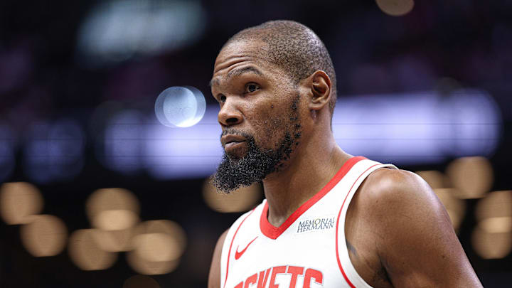 Jan 1, 2026; Brooklyn, New York, USA; Houston Rockets forward Kevin Durant (7) on the court during the first half against the Brooklyn Nets at Barclays Center. Mandatory Credit: Vincent Carchietta-Imagn Images