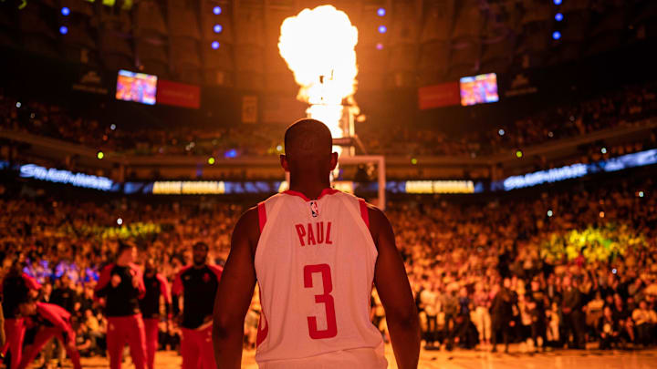 April 30, 2019; Oakland, CA, USA; Houston Rockets guard Chris Paul (3) before game two of the second round of the 2019 NBA Playoffs against the Golden State Warriors at Oracle Arena. The Warriors defeated the Rockets 115-109. Mandatory Credit: Kyle Terada-Imagn Images