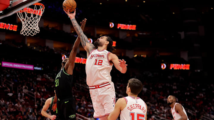 Jan 18, 2026; Houston, Texas, USA; Houston Rockets center Steven Adams (12) rebounds against the New Orleans Pelicans during the third quarter at Toyota Center. Mandatory Credit: Erik Williams-Imagn Images Jan 18, 2026; Houston, Texas, USA; Houston Rockets center Steven Adams (12) rebounds against the New Orleans Pelicans during the third quarter at Toyota Center. Mandatory Credit: Erik Williams-Imagn Images