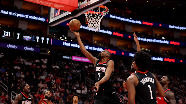 Mar 13, 2026; Houston, Texas, USA; Houston Rockets forward Kevin Durant (7) shoots inside against the New Orleans Pelicans during the first quarter at Toyota Center. Mandatory Credit: Erik Williams-Imagn Images
