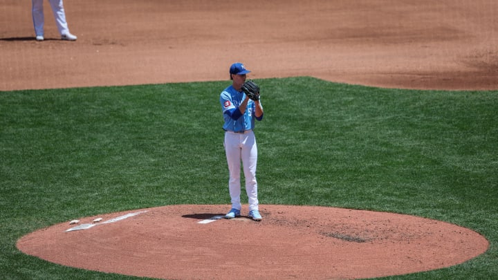 Jun 26, 2024; Kansas City, Missouri, USA; Kansas City Royals pitcher Brady Singer (51) throws against the Miami Marlins during the fifth inning at Kauffman Stadium. Mandatory Credit: William Purnell-USA TODAY Sports