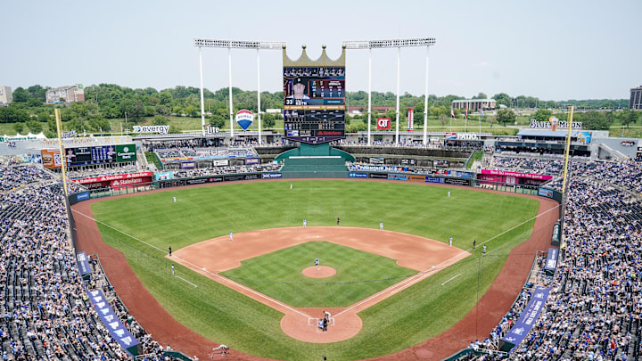 Jun 1, 2025; Kansas City, Missouri, USA; A general view of the stadium in the fourth inning of the game between the Kansas City Royals and Detroit Tigers at Kauffman Stadium. Mandatory Credit: Denny Medley-Imagn Images