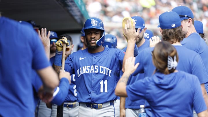 Aug 24, 2025; Detroit, Michigan, USA; Kansas City Royals third base Maikel Garcia (11) celebrates with teammates after hitting a home run in the sixth inning against the Detroit Tigers at Comerica Park. Mandatory Credit: Brian Bradshaw Sevald-Imagn Images