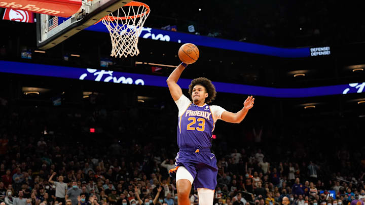 Nov 6, 2021; Phoenix, Arizona, USA; Phoenix Suns forward Cam Johnson (23) with a dunk against the Atlanta Hawks in the first half at Footprint Center. Mandatory Credit: Allan Henry-Imagn Images Nov 6, 2021; Phoenix, Arizona, USA; Phoenix Suns forward Cam Johnson (23) with a dunk against the Atlanta Hawks in the first half at Footprint Center. Mandatory Credit: Allan Henry-Imagn Images