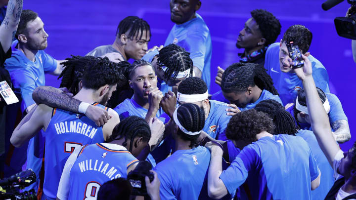 Apr 24, 2024; Oklahoma City, Oklahoma, USA; The Oklahoma City Thunder huddle before the start of a game against the New Orleans Pelicans in game two of the first round for the 2024 NBA playoffs at Paycom Center. Mandatory Credit: Alonzo Adams-USA TODAY Sports Apr 24, 2024; Oklahoma City, Oklahoma, USA; The Oklahoma City Thunder huddle before the start of a game against the New Orleans Pelicans in game two of the first round for the 2024 NBA playoffs at Paycom Center. Mandatory Credit: Alonzo Adams-USA TODAY Sports