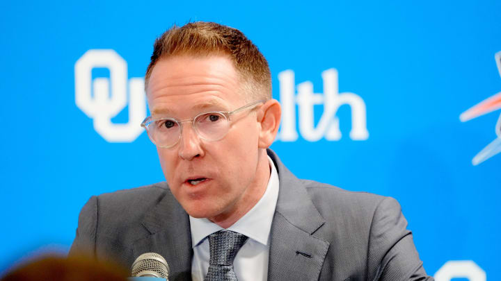 Thunder general manager Sam Presti speaks during an introductory press conference for the 2024 Thunder draft picks at Oklahoma Contemporary Arts Center in Oklahoma City, Saturday, June, 29, 2024. Thunder general manager Sam Presti speaks during an introductory press conference for the 2024 Thunder draft picks at Oklahoma Contemporary Arts Center in Oklahoma City, Saturday, June, 29, 2024.