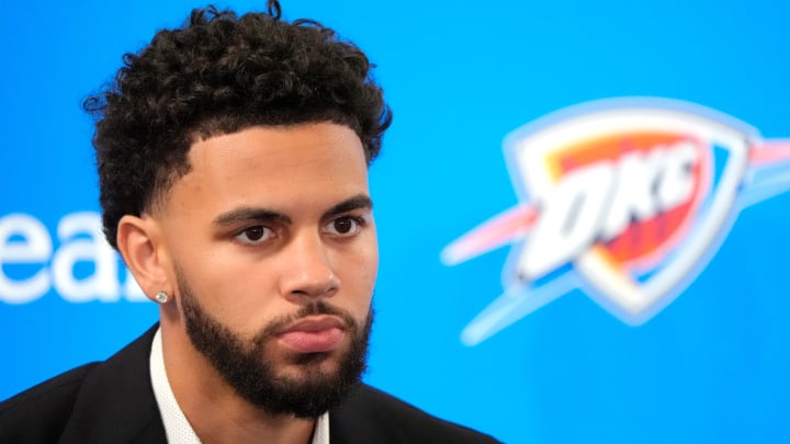 Ajay Mitchell speaks during an introductory press conference for the 2024 Thunder draft picks at Oklahoma Contemporary Arts Center in Oklahoma City, Saturday, June, 29, 2024.