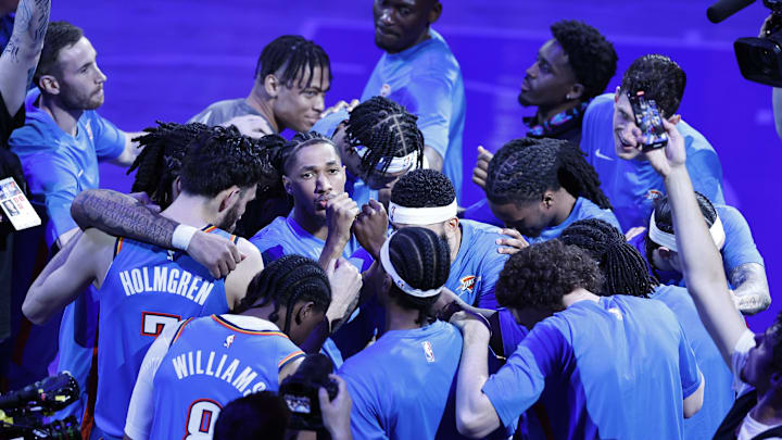 Apr 24, 2024; Oklahoma City, Oklahoma, USA; The Oklahoma City Thunder huddle before the start of a game against the New Orleans Pelicans in game two of the first round for the 2024 NBA playoffs at Paycom Center. Mandatory Credit: Alonzo Adams-Imagn Images