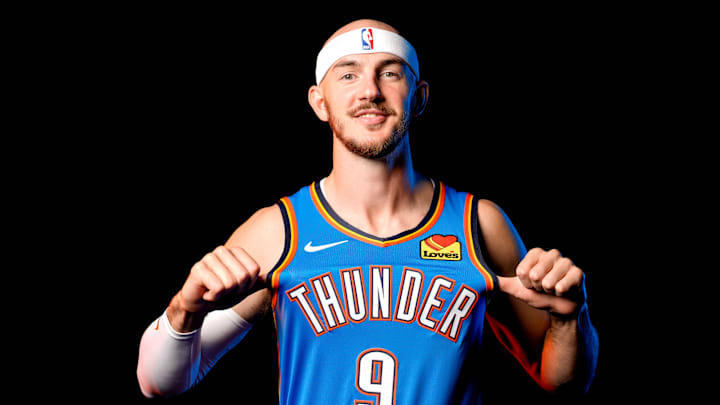 Alex Caruso is pictured during the Thunder media day at the Paycom Center in Oklahoma City, on Monday, Sept. 30, 2024.
