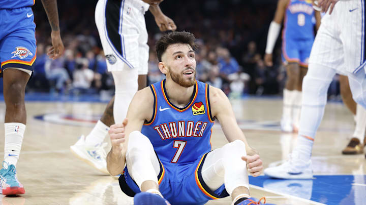 Nov 4, 2024; Oklahoma City, Oklahoma, USA; Oklahoma City Thunder forward Chet Holmgren (7) sits on the floor after a play against the Orlando Magic during the second half at Paycom Center. Mandatory Credit: Alonzo Adams-Imagn Images