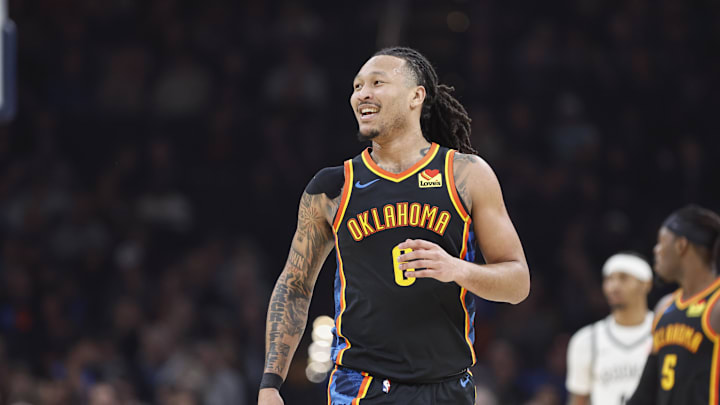 Jan 19, 2025; Oklahoma City, Oklahoma, USA; Oklahoma City Thunder forward Jaylin Williams (6) reacts after scoring against the Brooklyn Nets during the second quarter at Paycom Center. Mandatory Credit: Alonzo Adams-Imagn Images Jan 19, 2025; Oklahoma City, Oklahoma, USA; Oklahoma City Thunder forward Jaylin Williams (6) reacts after scoring against the Brooklyn Nets during the second quarter at Paycom Center. Mandatory Credit: Alonzo Adams-Imagn Images