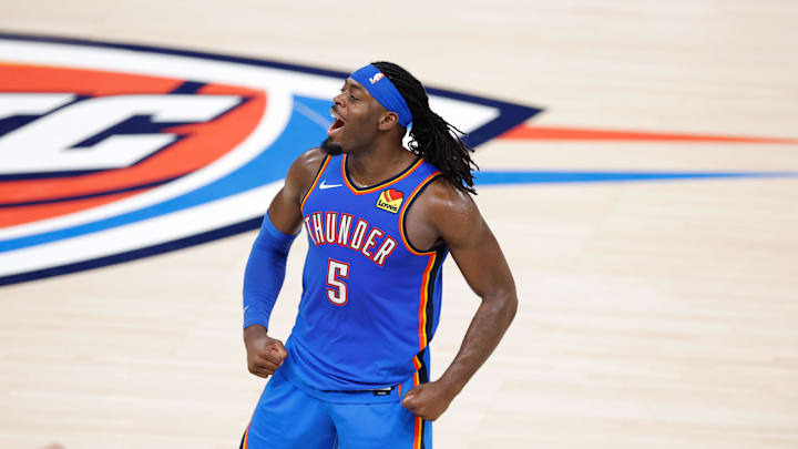 Jun 22, 2025; Oklahoma City, Oklahoma, USA; Oklahoma City Thunder guard Luguentz Dort (5) celebrates after a play against the Indiana Pacers during the second half during game seven of the 2025 NBA Finals at Paycom Center. Mandatory Credit: Alonzo Adams-Imagn Images Jun 22, 2025; Oklahoma City, Oklahoma, USA; Oklahoma City Thunder guard Luguentz Dort (5) celebrates after a play against the Indiana Pacers during the second half during game seven of the 2025 NBA Finals at Paycom Center. Mandatory Credit: Alonzo Adams-Imagn Images