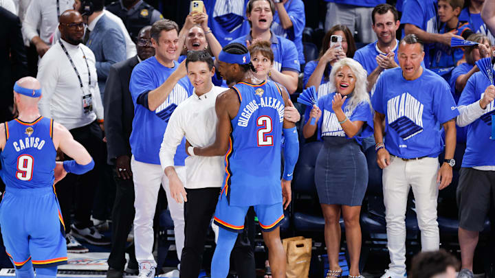 Jun 22, 2025; Oklahoma City, Oklahoma, USA; Oklahoma City Thunder guard Shai Gilgeous-Alexander (2) celebrates with Oklahoma City Thunder head coach Mark Daigneault during the fourth quarter of game seven of the 2025 NBA Finals against the Indiana Pacers at Paycom Center. Mandatory Credit: Alonzo Adams-Imagn Images