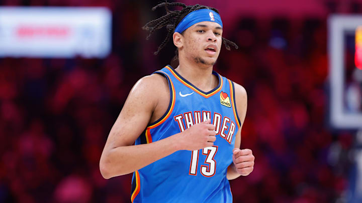 Mar 7, 2025; Oklahoma City, Oklahoma, USA; Oklahoma City Thunder forward Ousmane Dieng (13) runs down the court against the Portland Trail Blazers during the second half at Paycom Center. Mandatory Credit: Alonzo Adams-Imagn Images