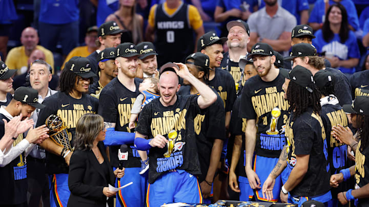 Jun 22, 2025; Oklahoma City, Oklahoma, USA; Oklahoma City Thunder guard Alex Caruso (9) celebrates after winning game seven of the 2025 NBA Finals against the Indiana Pacers at Paycom Center. Mandatory Credit: Alonzo Adams-Imagn Images Jun 22, 2025; Oklahoma City, Oklahoma, USA; Oklahoma City Thunder guard Alex Caruso (9) celebrates after winning game seven of the 2025 NBA Finals against the Indiana Pacers at Paycom Center. Mandatory Credit: Alonzo Adams-Imagn Images