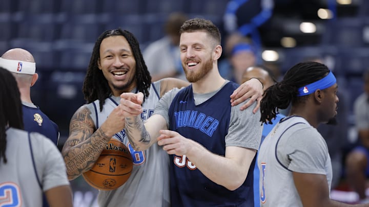 Jun 4, 2025; Oklahoma City, OK, USA; Oklahoma City Thunder forward Jaylin Williams (6) and center Isaiah Hartenstein (55) during NBA Finals Media Day at Paycom Center. Mandatory Credit: Alonzo Adams-Imagn Images