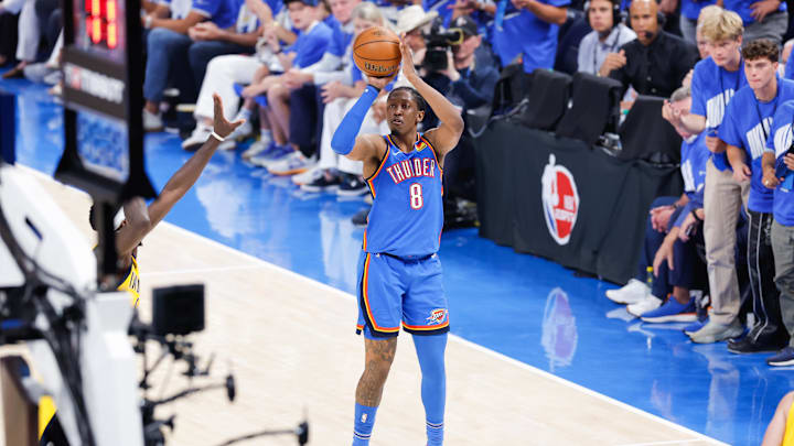 Jun 22, 2025; Oklahoma City, Oklahoma, USA; Oklahoma City Thunder forward Jalen Williams (8) takes a shoots the ball against the Indiana Pacers during the first half of game seven of the 2025 NBA Finals at Paycom Center. Mandatory Credit: Alonzo Adams-Imagn Images