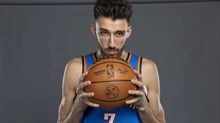 Sep 29, 2025; Oklahoma City, OK, USA; Oklahoma City Thunder forward Chet Holmgren poses for a photo during the 2025 Oklahoma City Thunder media day at Paycom Center. Mandatory Credit: Alonzo Adams-Imagn Images