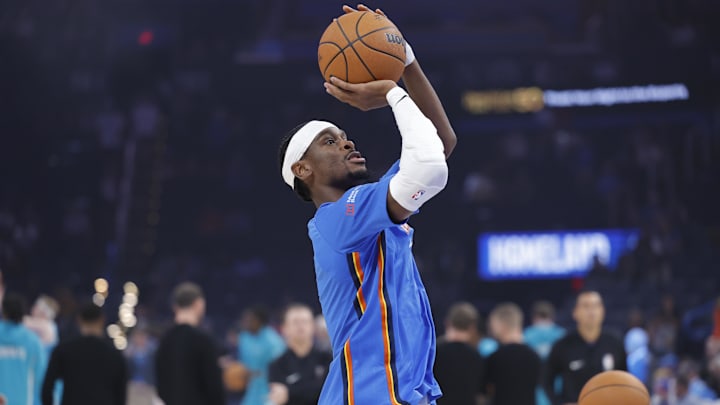 Oct 9, 2025; Oklahoma City, Oklahoma, USA; Oklahoma City Thunder guard Shai Gilgeous-Alexander warms up before the start of a game between the Charlotte Hornets and the Oklahoma City Thunder at Paycom Center.