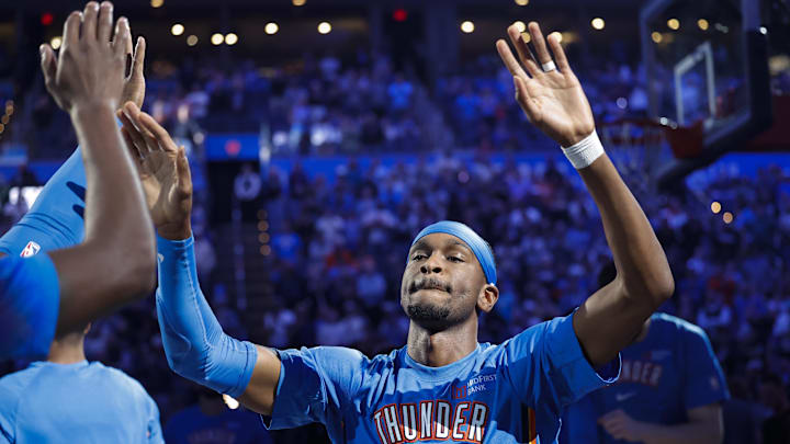 Oct 30, 2025; Oklahoma City, Oklahoma, USA; Oklahoma City Thunder guard Shai Gilgeous-Alexander (2) high fives his team during introductions before the start of a game against the Washington Wizards at Paycom Center. Mandatory Credit: Alonzo Adams-Imagn Images